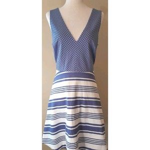 Victoria Secret Sundress Sz 6 Blue White Dot Stripe Low V Open Back Fit & Flare